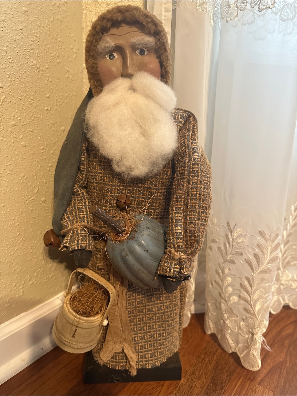 Handcrafted Rustic Santa Figurine in Brown and Blue